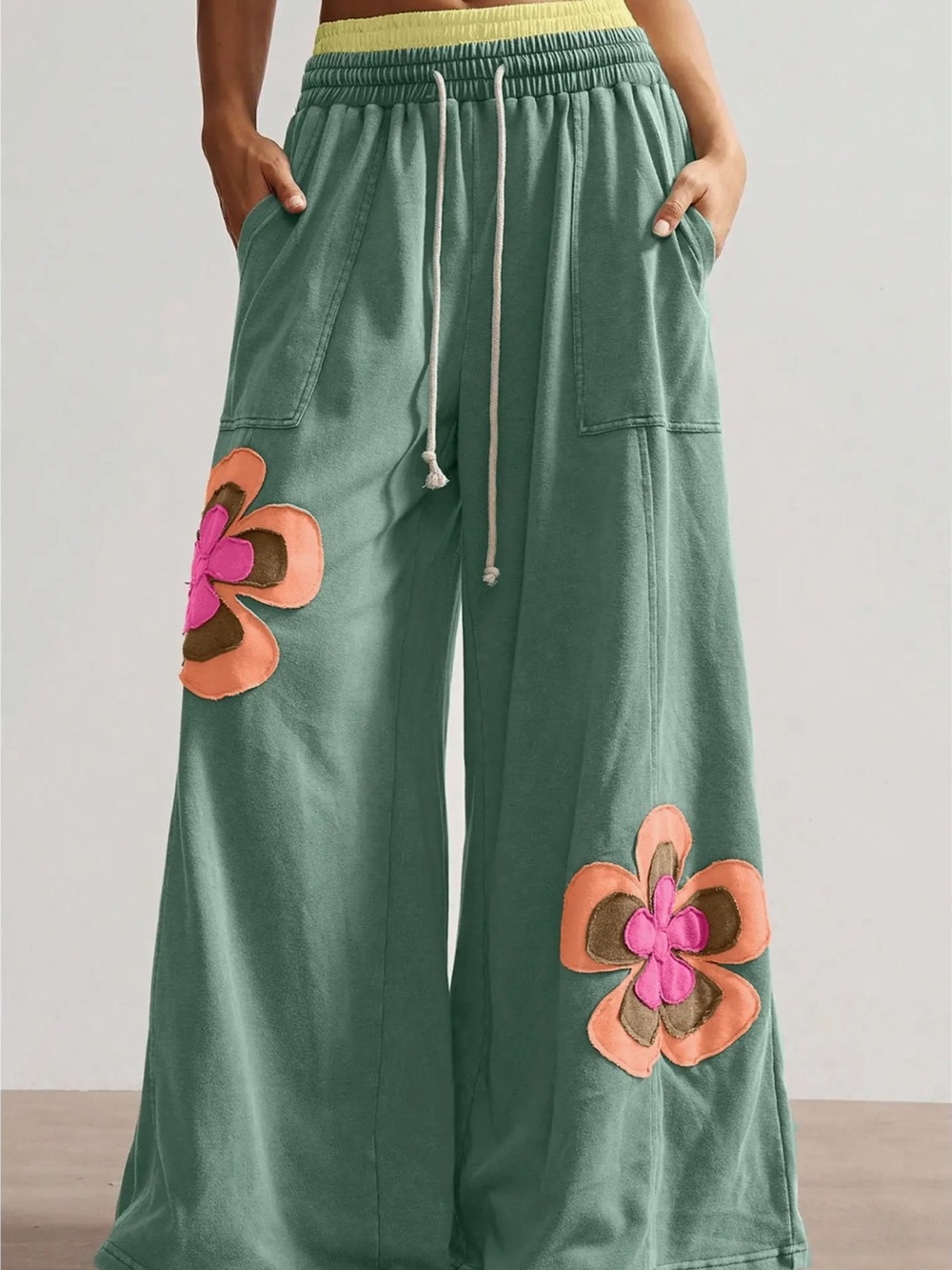 Wide-Leg Floral Appliqué Pants in Sage Green